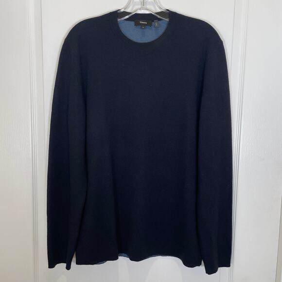 Theory Mens Sweater Merino Wool Navy Blue Crew Neck Long Sleeve M